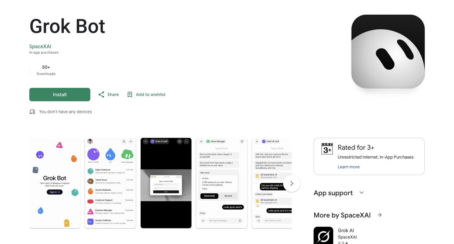 Official Grok Bot Android listing on Google Play with the Install button and app screenshots